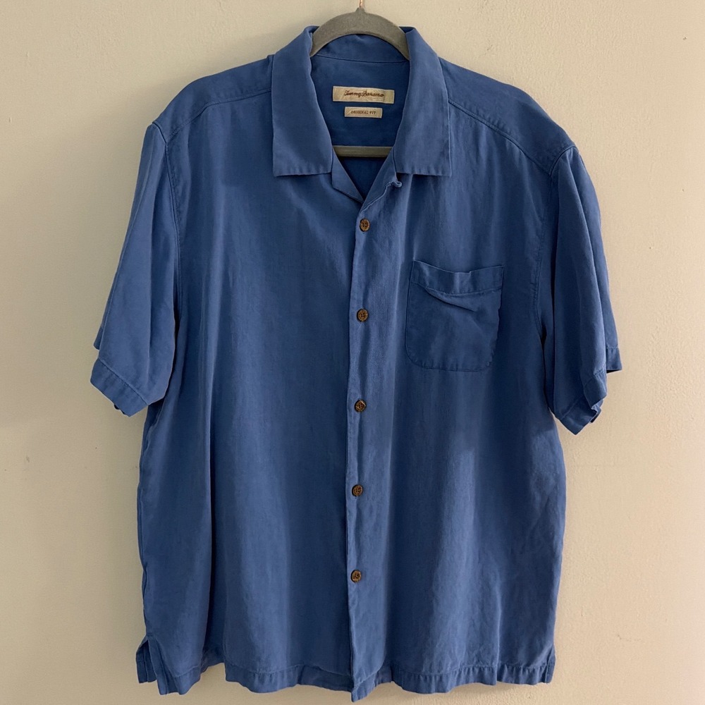 Tommy Bahama Mens XL‎ Blue 100% Silk Herringbone Short Sleeve Camp Shirt
